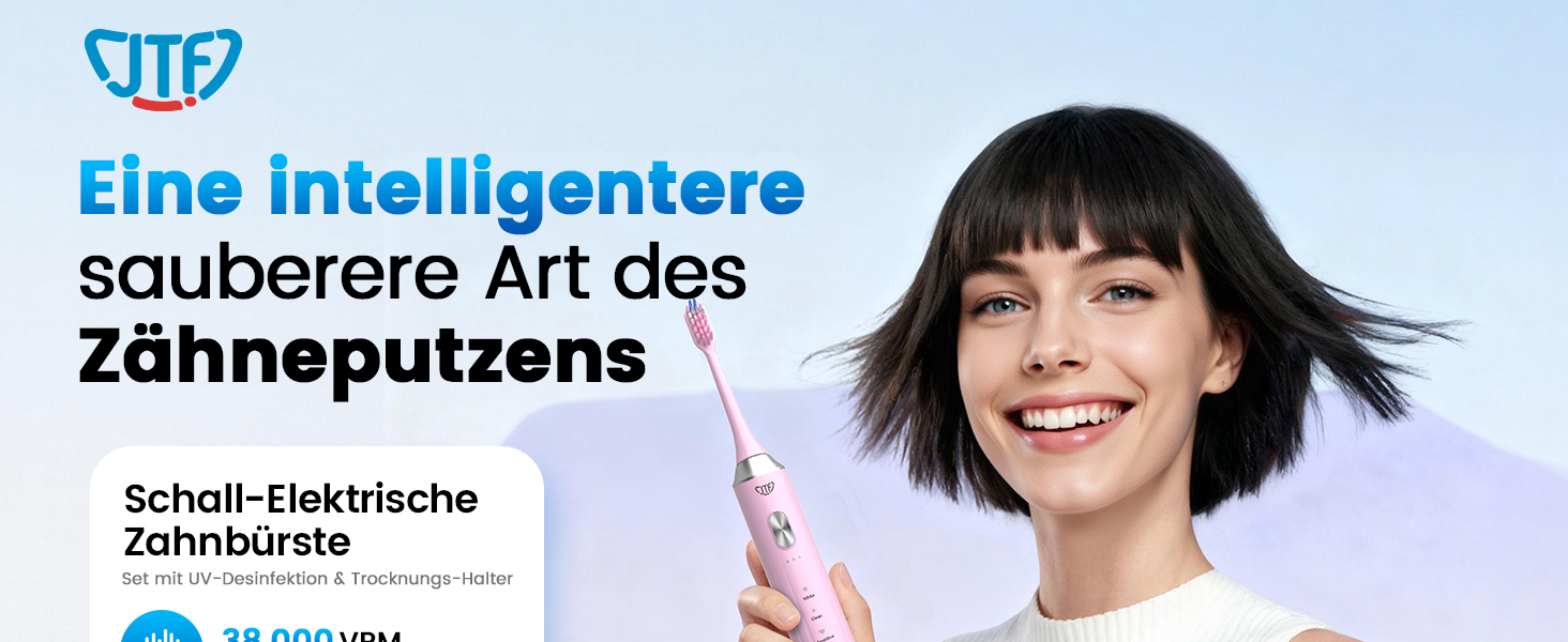 Електрична звукова зубна щітка JTF з УФ-дезінфекцією та сушінням, бездротова зарядка, 5 режимів чищення, 6 насадок, стаканчик, акумуляторна для дому та подорожей (Рожева)