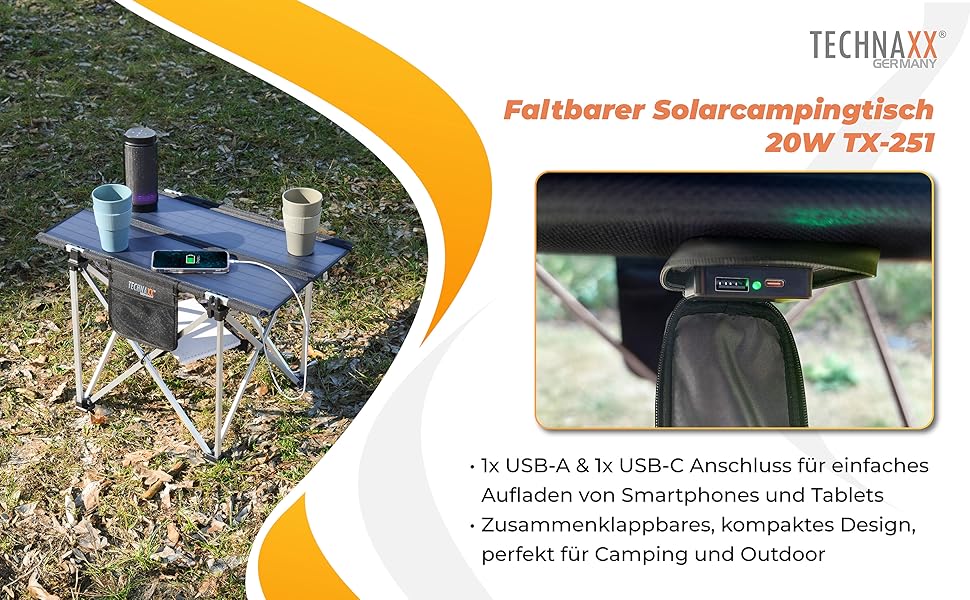 Сонячний кемпінговий стіл Technaxx 60W зі складаною панеллю та USB-зарядкою (TX-251)
