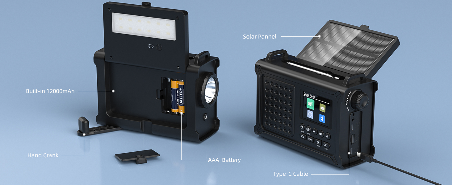 Радіо Kurbelradio на сонячній енергії та з ручним приводом | DAB/DAB+/UKW, Bluetooth 5.0 | Радіо для надзвичайних ситуацій з сонячною панеллю 8500 мм² та ручним приводом 650 мА | Портативне динамо-радіо з сонячною батареєю | Ліхтар та зарядний пристрій | Для кемпінгу та надзвичайних ситуацій, чорне