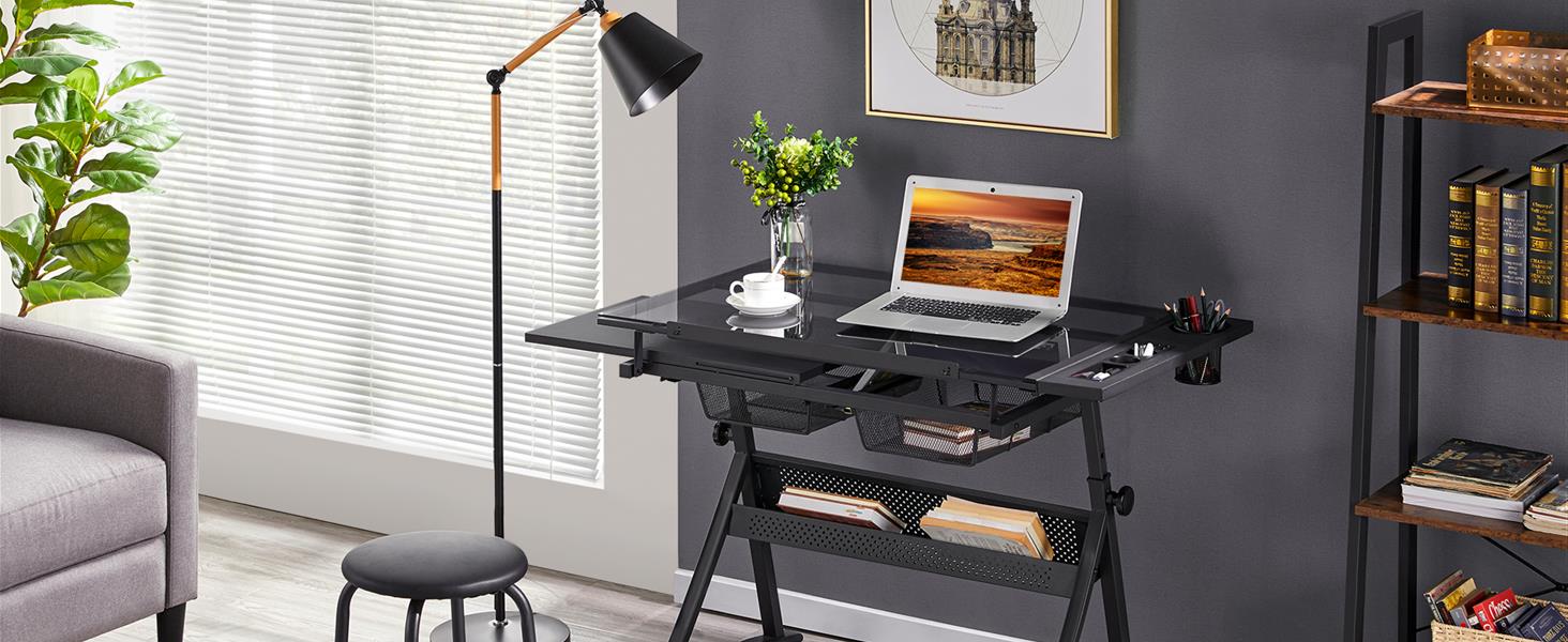 Yaheetech Adjustable Height Drafting Table Set with Tilt-Top, Storage & Stool - Drawing/Art Desk for Artists - Black