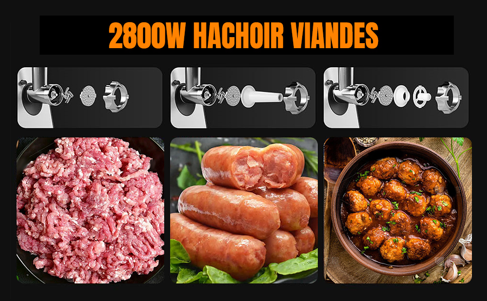 Electric Meat Grinder 2800W 3-in-1 Stainless Steel Meat Grinder with 3 Plates (3mm, 5mm, 7mm) Kubbe Attachment & Sausage Stuffer - 80kg/hr