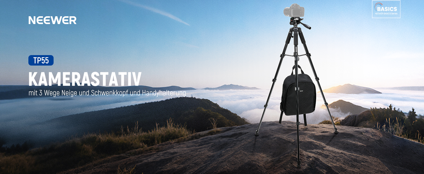 Штатив для камери та смартфона NEEWER Basics (TP55), легкий алюмінієвий туристичний трипод 188 см з 3-позиційною нахильною головкою