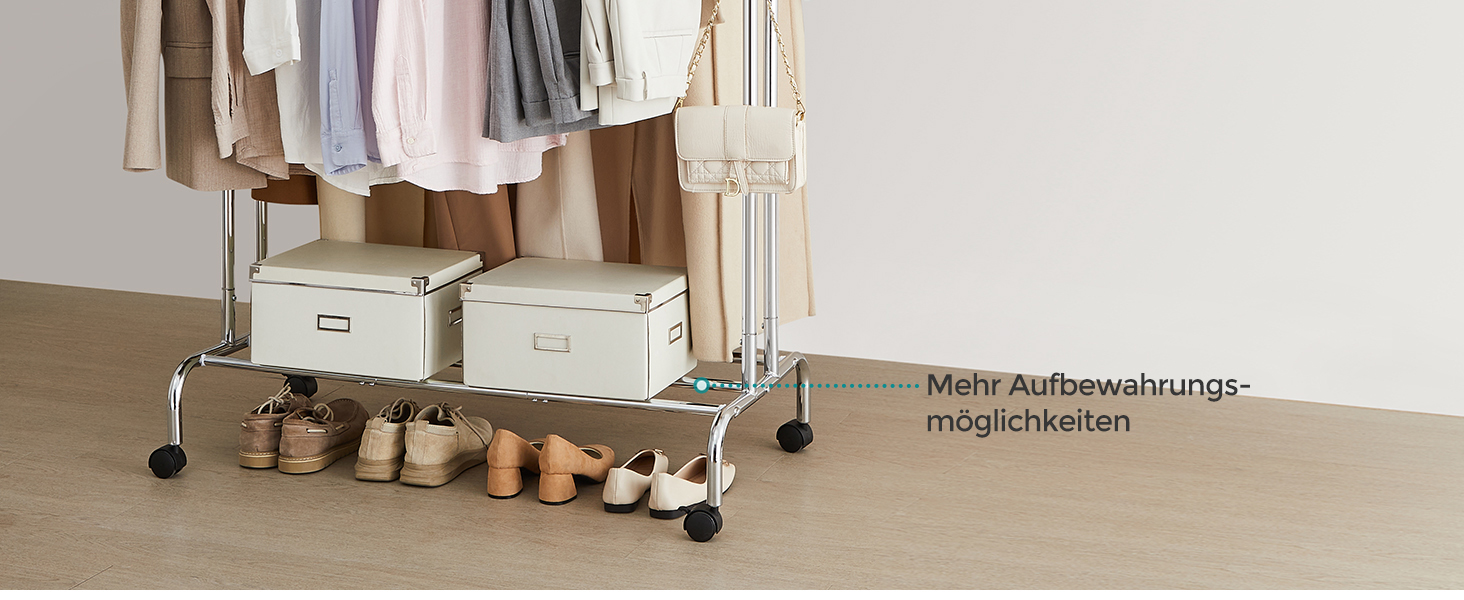 Стійка для одягу SONGMICS на колесах, 2 перекладини, срібна, до 100 кг, 103,5 см