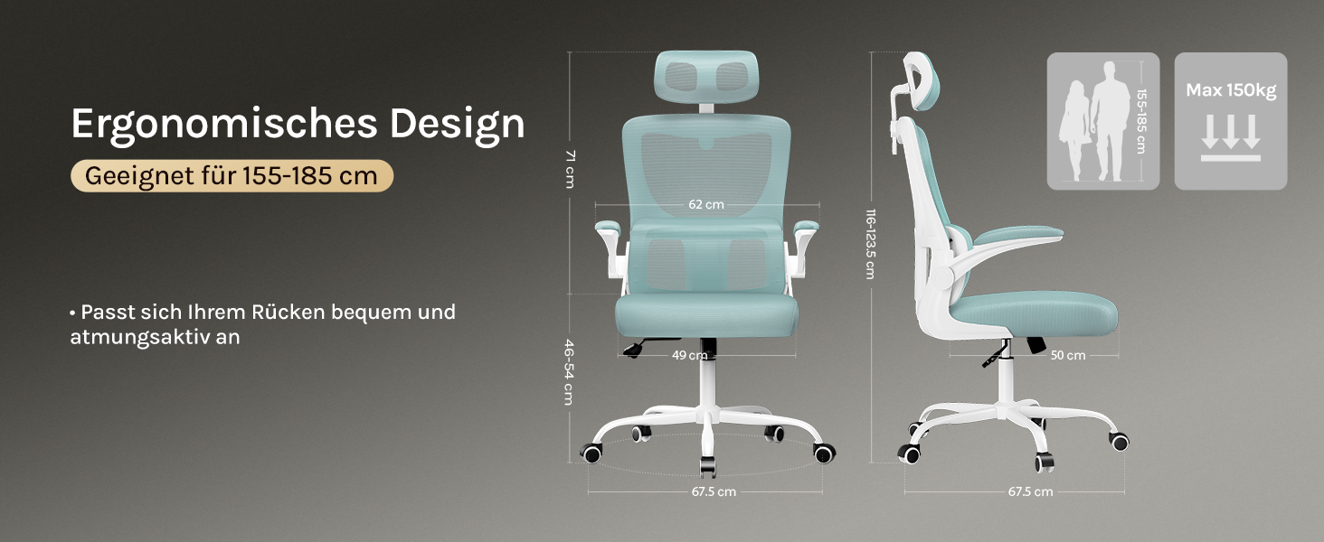 Крісло офісне WOLTU ергономічне, крісло для робочого столу з функцією гойдання, регульована підголовник, поворотні підлокітники, підтримка попереку, офісне крісло, витримує 150 кг (Блакитний)