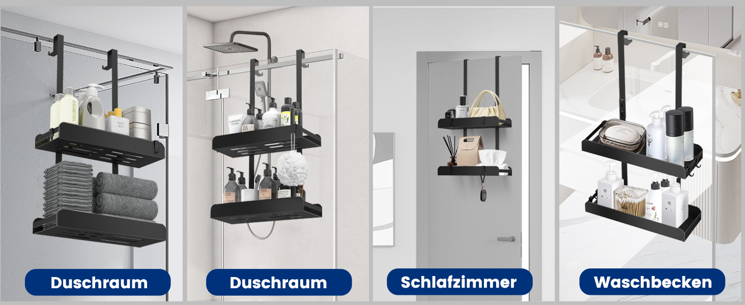 Настінна поличка для душу без свердління, чорна, з 4 гачками. Органайзер для шампуню та інших аксесуарів у ванну кімнату та кухню. Підходить для безрамкових скляних дверей.