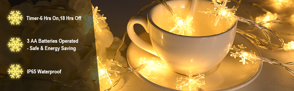 LED гірлянда Шнеєфлоке, 6 м, 40 LED, на батарейках, з таймером, IP65, вологостійка, для декору саду, дому, кемпінгу, Різдва, тепле біле світло