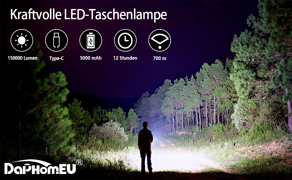 Ліхтарик Daphomeu LED акумуляторний, 500000 люмен, надяскравий, тактичний, зум, водонепроникний, 5 режимів, для кемпінгу, туризму та екстрених ситуацій