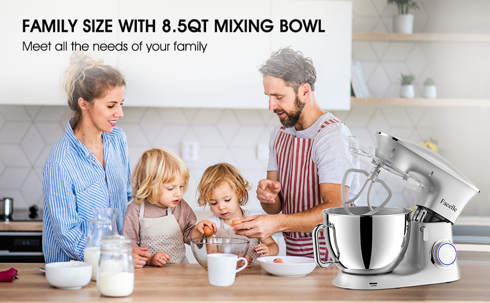 Facelle 2000W 8.5L Stand Mixer - Heavy Duty Dough & Bread Machine with Whisk, Dough Hook, Beater & Splash Guard for Baking Cakes, Cookies & Kneading - 6+ Speed (Silver)