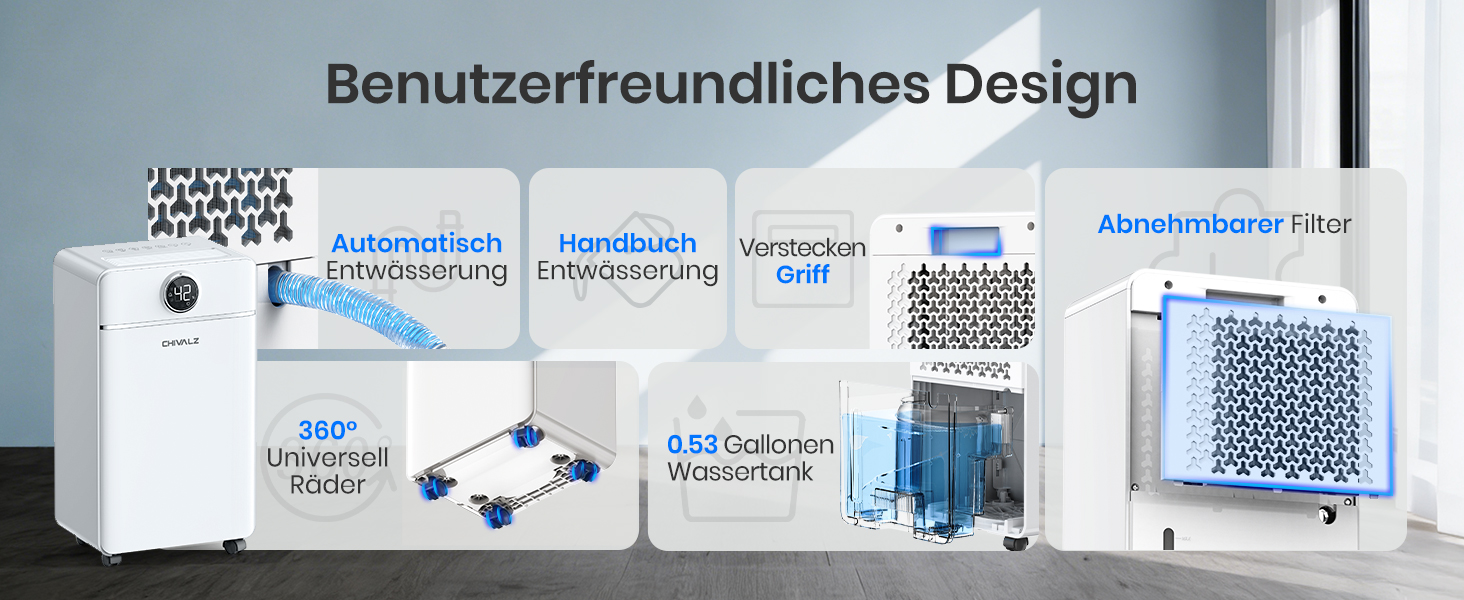 Електричний осушувач повітря CHIVALZ для автомобіля та приміщень до 30 м²/120 м³, 3 режими роботи, таймер 24 год, автоматичне розморожування, енергозбереження, білий