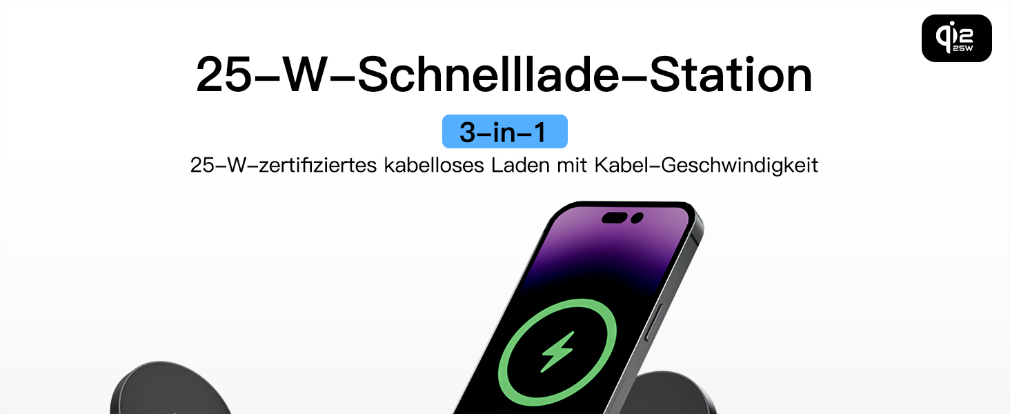 Бездротова зарядка 25W 3-в-1 з MagSafe, складана індуктивна магнітна зарядна станція для iPhone 17/Air/16/15/14/13/12, Apple Watch 10/9/8/7/6/SE/5/4/3 та AirPods Pro (з адаптером 35W), чорна