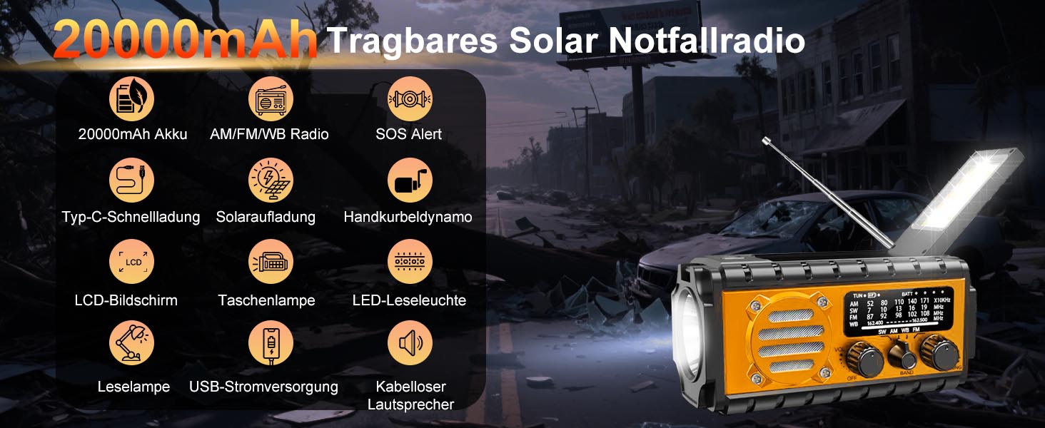 Радіо на ручному валу з сонячною панеллю, 20000 mAh Powerbank, AM/FM/SW/WB радіо погоди, 4 джерела живлення, ліхтарик, USB-C зарядний пристрій & SOS-сигнал, водонепроникне (IPX6) для відпочинку на природі, кемпінгу, будівельних майданчиків, помаранчеве