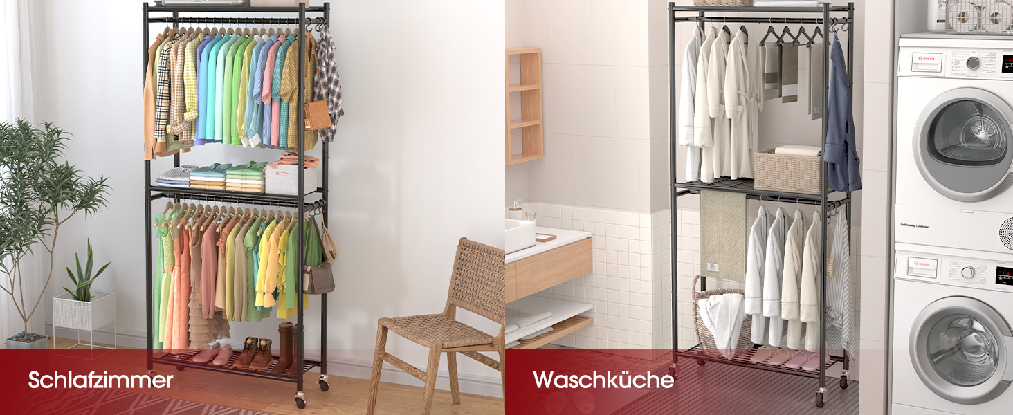 Стійка для одягу на колесах з полицями та гачками, металева, 84 x 31 x 202 см, чорна