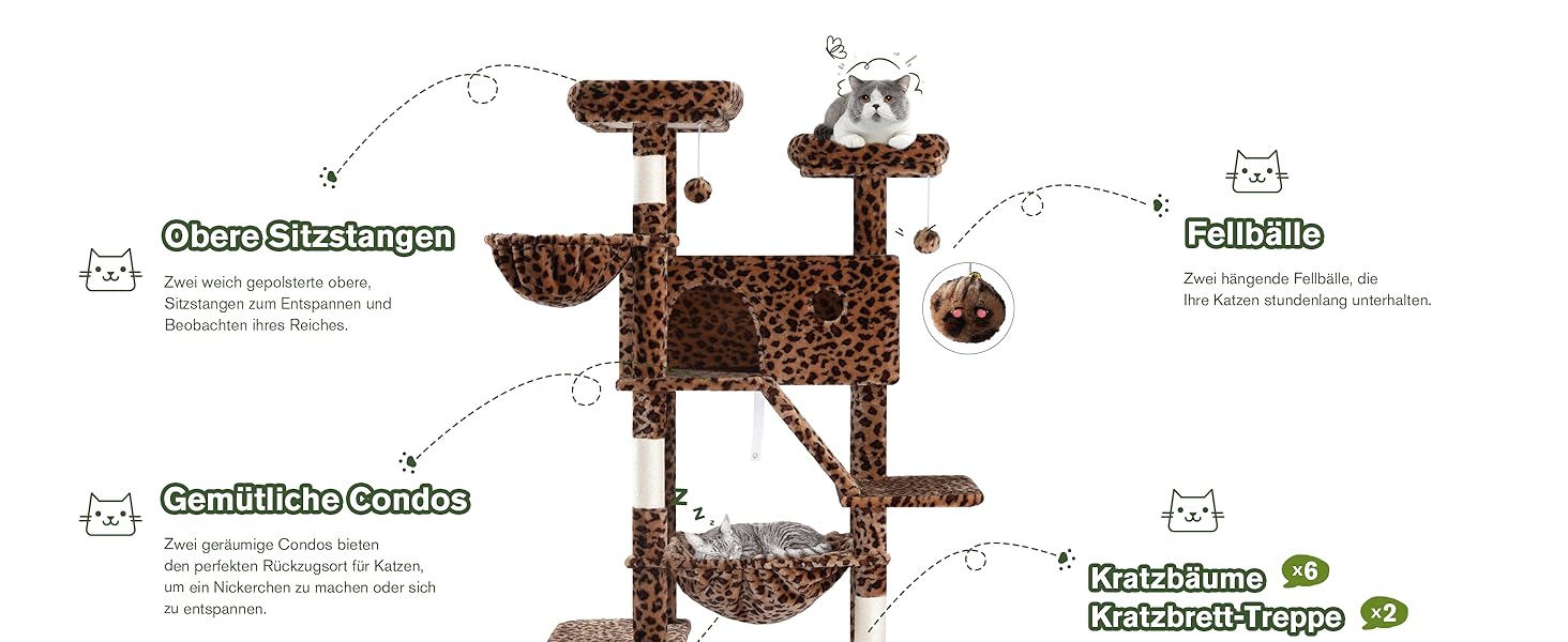 Котячий будиночок MUTICOR з когтеточкою, 206 см, багатоярусний, для великих котів, з гамаком, плюшевими платформами, широкою основою (леопардовий принт)