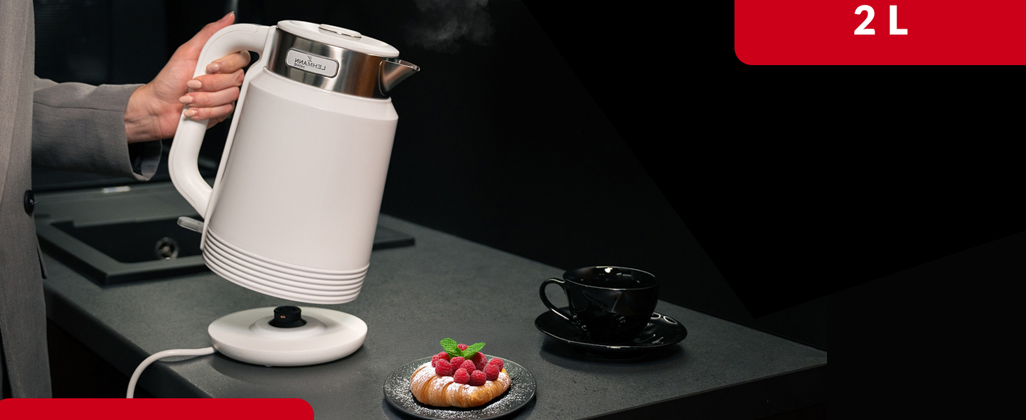 Електричний чайник LEHMANN з нержавіючої сталі 2L, 2200W, швидкий нагрів, подвійні стінки, автовимкнення та захист від перегріву, BPA-free, для великих сімей та офісів, білий