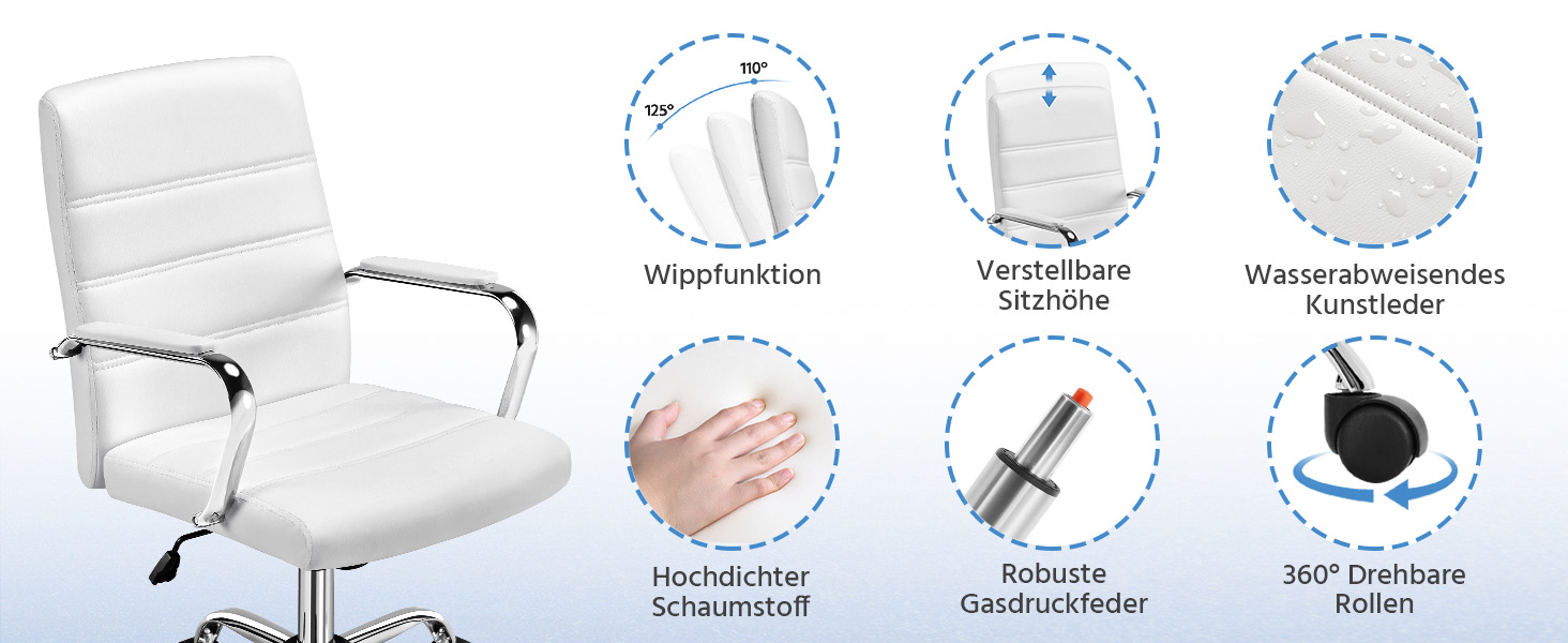 Офісне крісло Yaheetech: ергономічне, з підлокітниками, поворотне, до 130 кг, біле