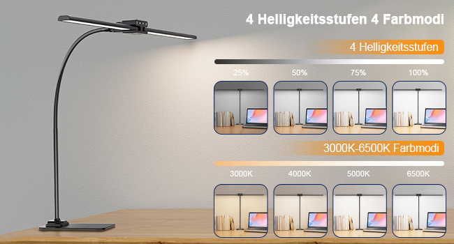 LED Desk Lamp with Adjustable Brightness, 1200 Lumens Dual Head Clamp-On for Home Office, Eye Protection Gooseneck Table Lamp, Monitor Light with 5 Color Temperature & Brightness Levels (Black Dual-Head Metal Base)