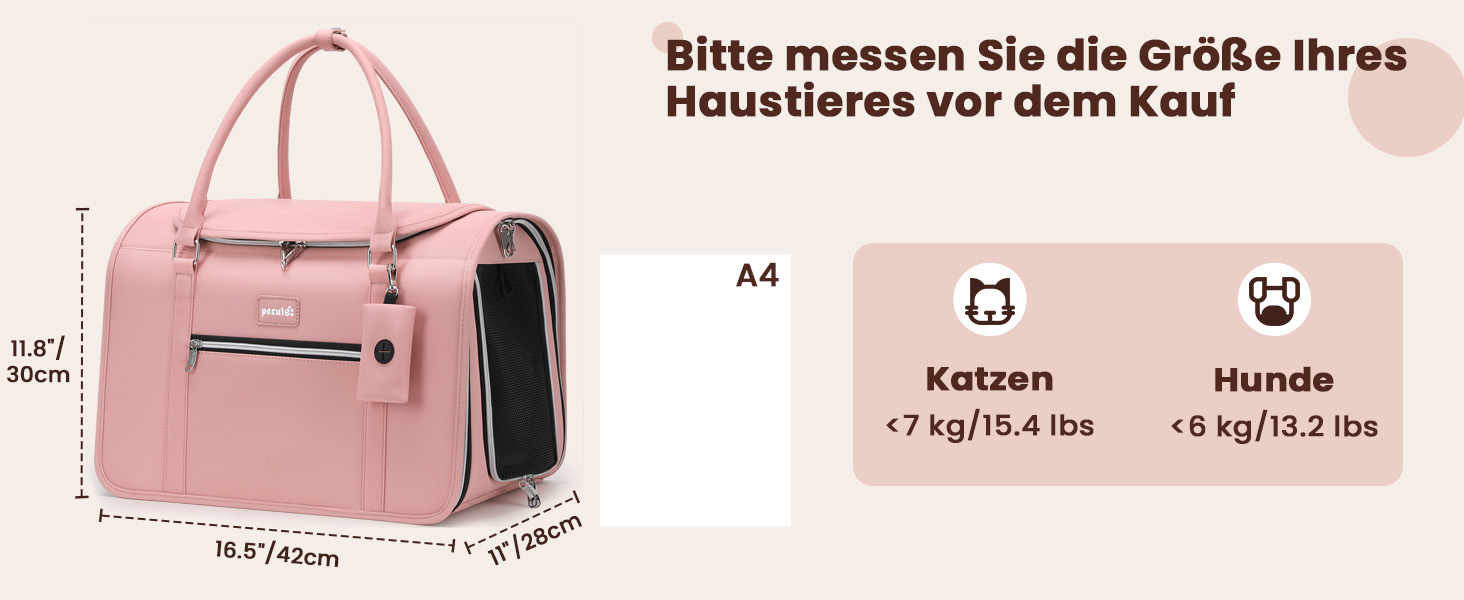 Транспортна переноска для котів та собак Pecute, рожева, з PU-шкіри, для подорожей