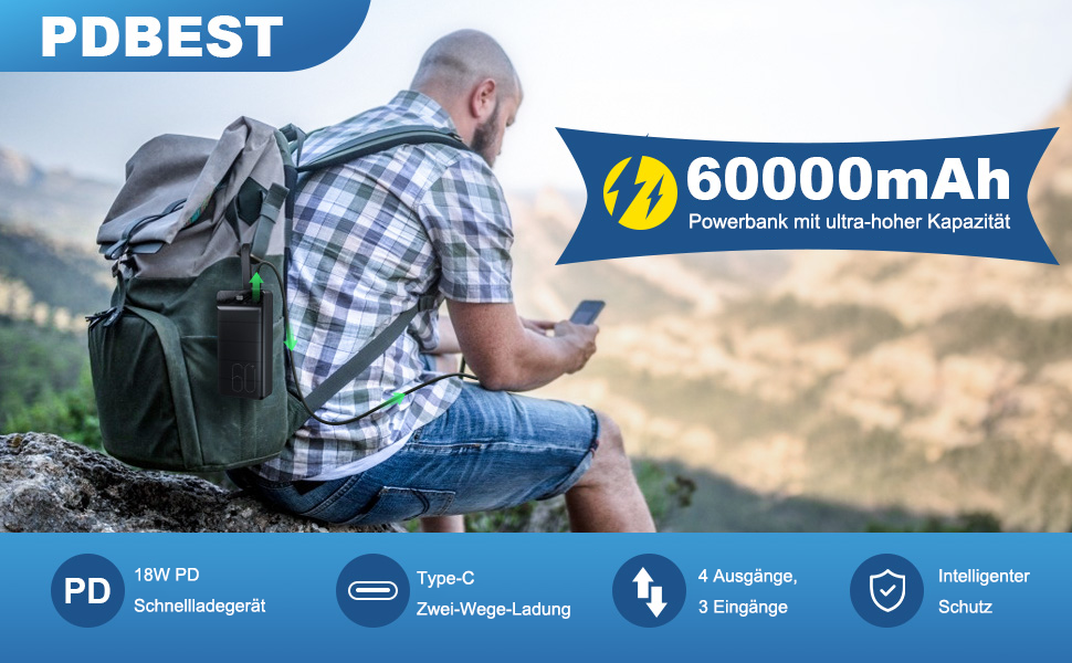 Powerbank 60000mAh з LED-дисплеєм, 22,5W PD USB-C, 4 виходи, 3 входи, сумісний з iPhone, Android та іншими пристроями (Чорний)