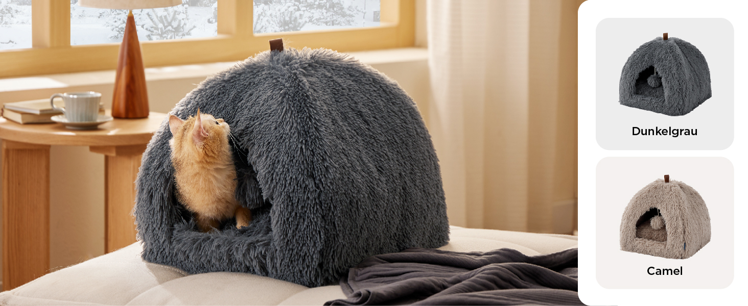 Ліжко для котів BEDSURE велике, 44x44x44 см, сіре. З м'якою подушкою та іграшкою. Легко миється. Внутрішній будиночок для кота.