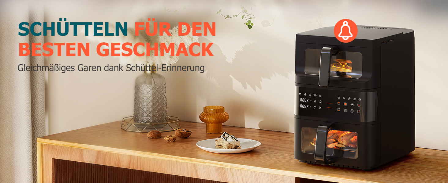 Електрична фритюрниця без олії (10л) з подвійним набором камер, подвійний набір, сенсорний екран, 10 програм, таймер, чорна