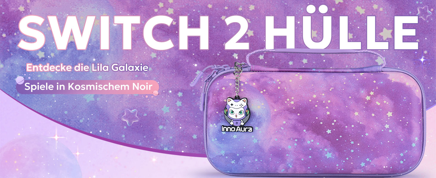 Чохол для Nintendo Switch 2 innoAura Switch 2 Tasche, фіолетовий (Galaxy Lila Violett), водовідштовхувальний, з амортизацією, відділенням для AirTag та великою сітчастою кишенею