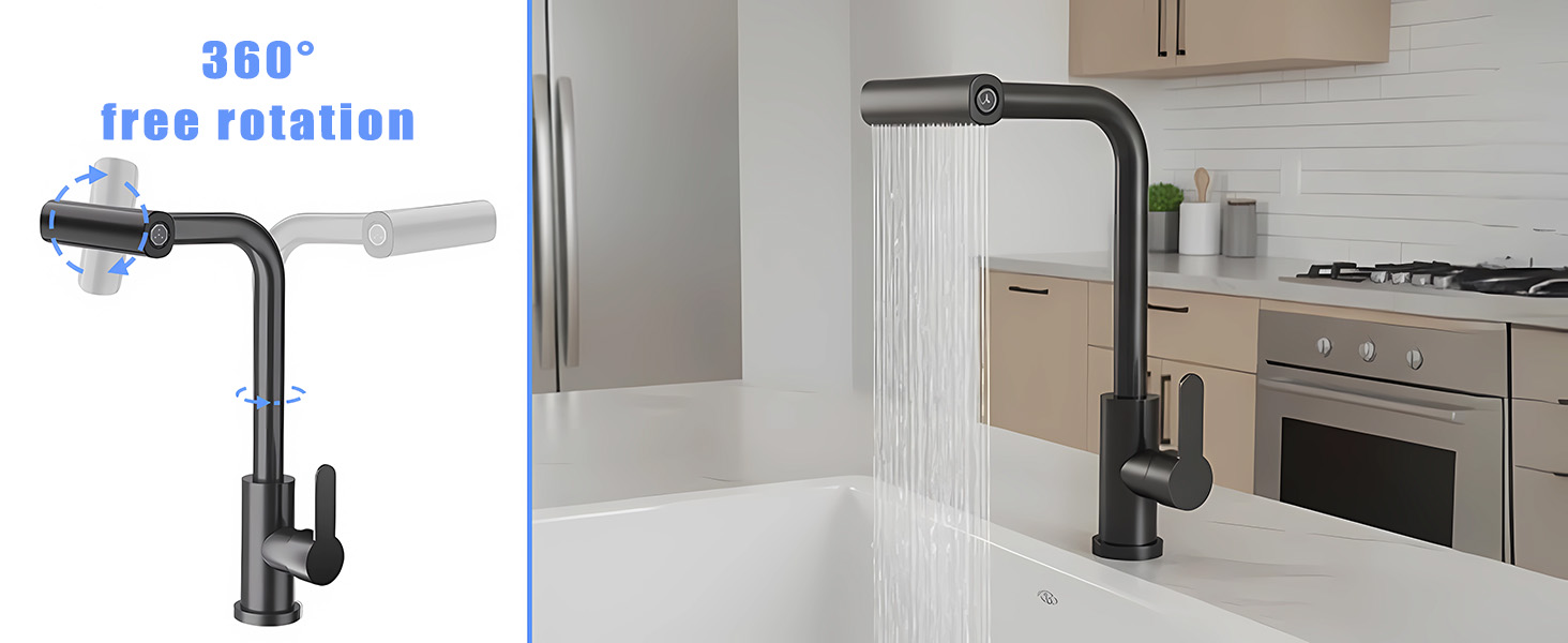 Кухонний змішувач водоспадом Ruimooto з 4 режимами, нержавіюча сталь, 360° обертання, високий тиск