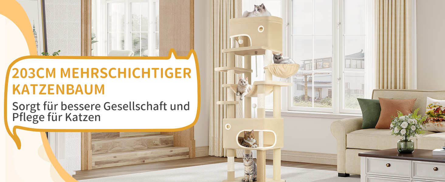 Драбина-кіготь для котів Hzuaneri, 203 см, з великою платформою, 2 печери, 7 кігтеточок, помпони, лежанки, гамак, для всіх порід котів, бежевий MS20318YL XXL (60 x 50 x 203 см)