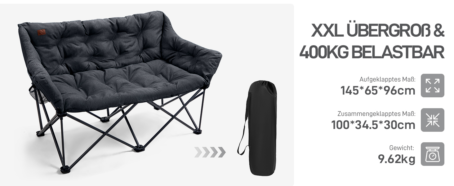Кампінговий стілець-ліжко EVER ADVANCED для двох осіб, 145 см, сірий, до 400 кг, з високою спинкою, для саду, балкону, кемпінгу
