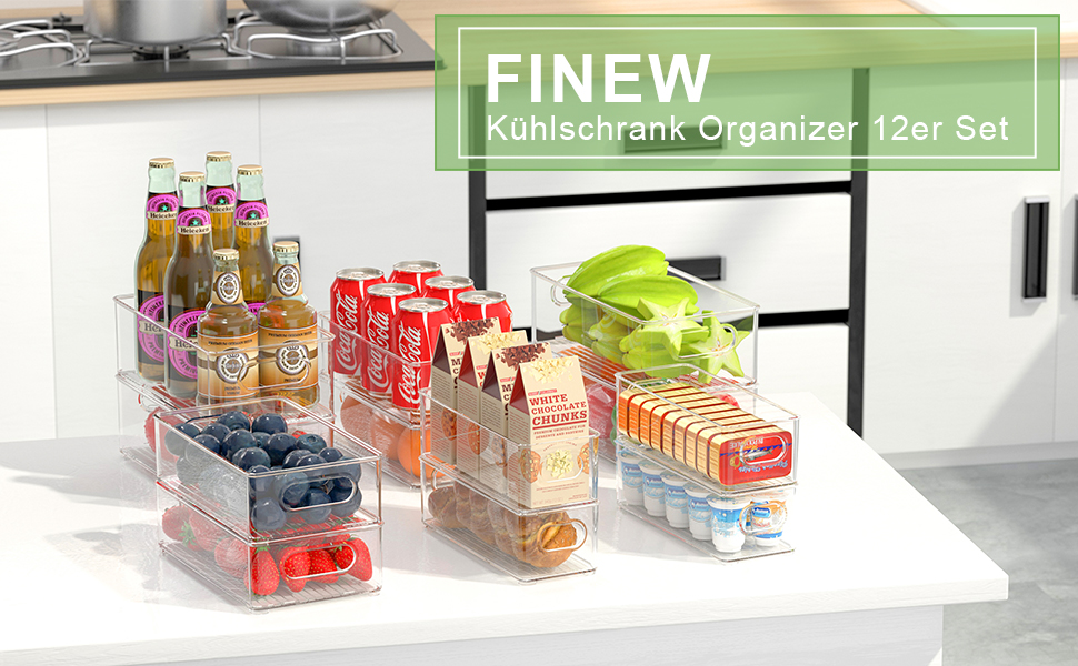 Набір органайзерів для холодильника FINEW, 12 шт (4 маленьких, 4 середніх, 4 великих), прозорі пластикові контейнери для кухні, комори, шаф, мийки, ванної, без BPA, що штабелюються