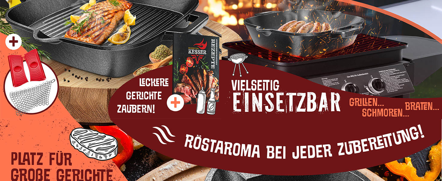 Чавунна сковорода-гриль KESSER® 26 см для індукції, газу, духовки та вугільного гриля | Сковорода для стейків з захисними ручками, кухонна книга та очищувач