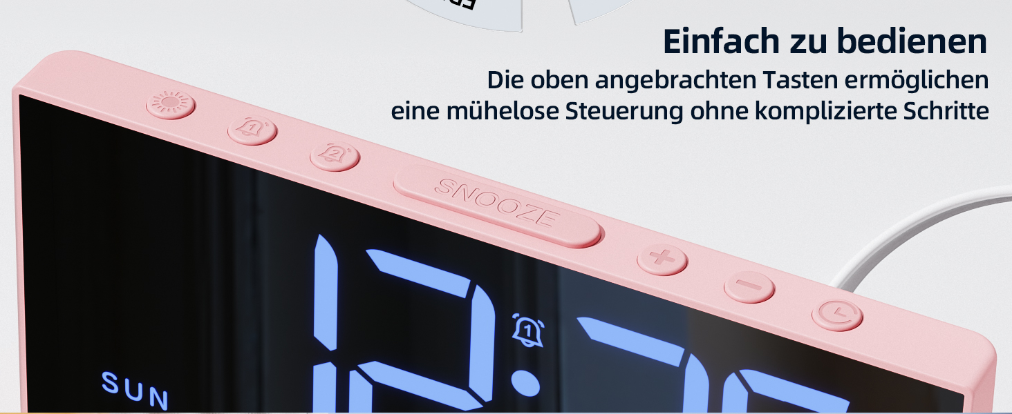 Цифровий будильник LATEC з 2 сигналами, функцією Snooze та USB-портом, 4 рівні яскравості, регулювання гучності, мережеве живлення (Рожевий)
