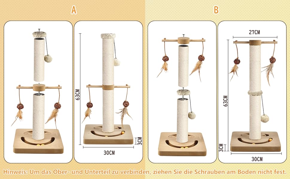Котяча кігтеточка AUSCAT з іграшками, 63 см, бежева. Кігтеточка-стовп з натурального сизалю в сучасному дизайні