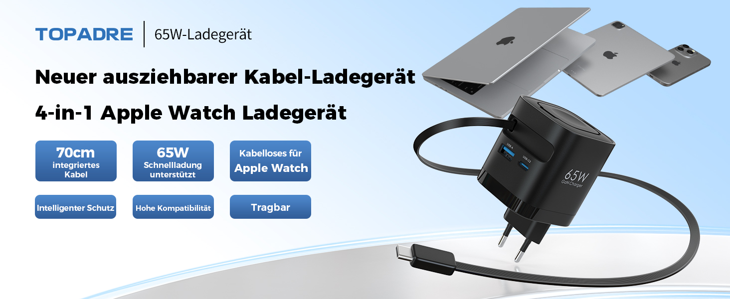 Зарядний пристрій 65W USB-C з кабелями для Apple Watch, 4 порти GaN USB-C, швидка зарядка для Apple Watch Ultra/11/10/9/8/7, MacBook, iPhone, iPad, Galaxy - Білий