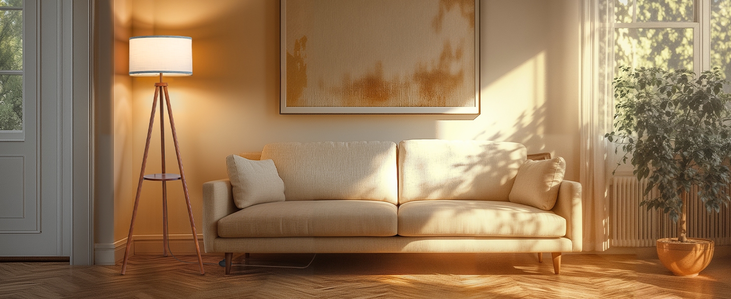 Стельова лампа з полицею, пульт дистанційного керування, 3 колірні температури, тринога, для вітальні, спальні, офісу (горіх), бежевий абажур