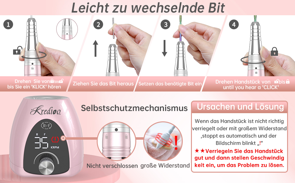 Електричний фрезер для нігтів Nagelfräser 6 в 1 з LED дисплеєм, 35000 об/хв, для манікюру, Shellac, Acrylgel, безпечний для початківців та професіоналів, рожеве золото