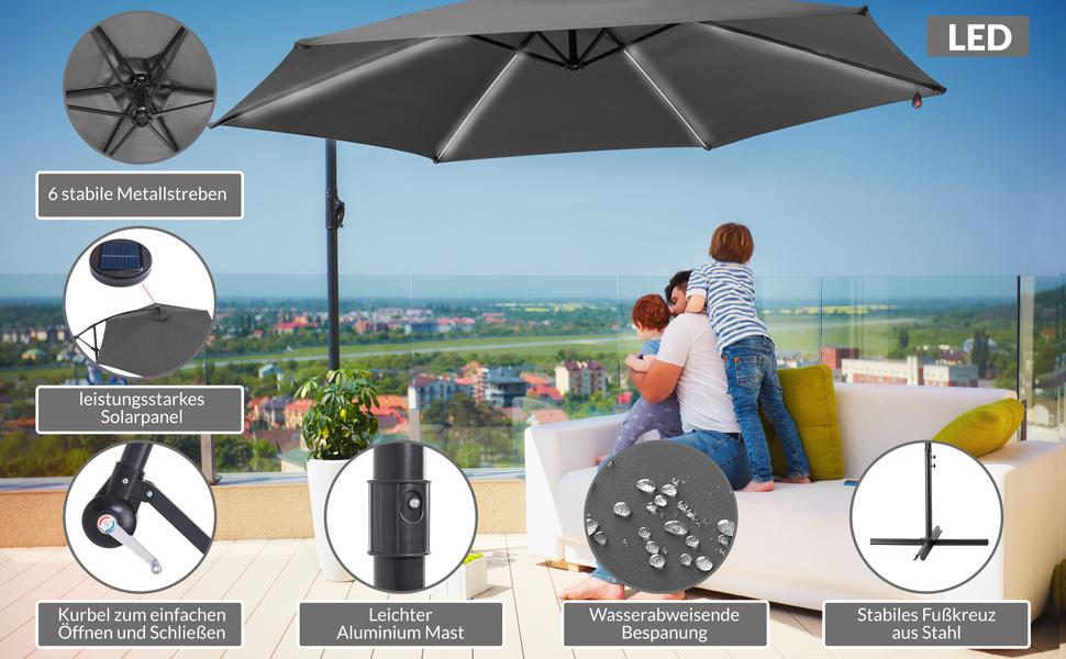 Сонячна парасолька Kingsleeve з LED підсвічуванням, UV 80+, сонячна батарея, чохол, 350 см, з кривошипом для балкона та тераси