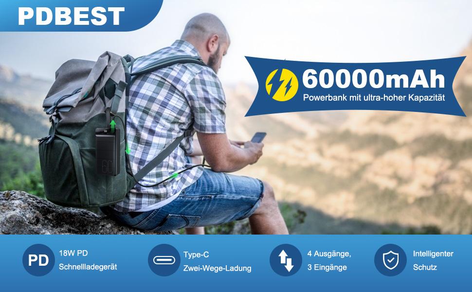 Power Bank 60000mAh 22.5W PD USB-C Чорний – Зовнішній акумулятор для смартфонів, планшетів