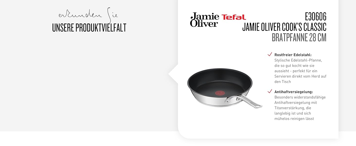 Сковорода Tefal Jamie Oliver Cook's Direct 28 см з нержавіючої сталі для індукції. Антипригарне титанове покриття, термоіндикатор, жаростійка, з клепаним руків'ям.