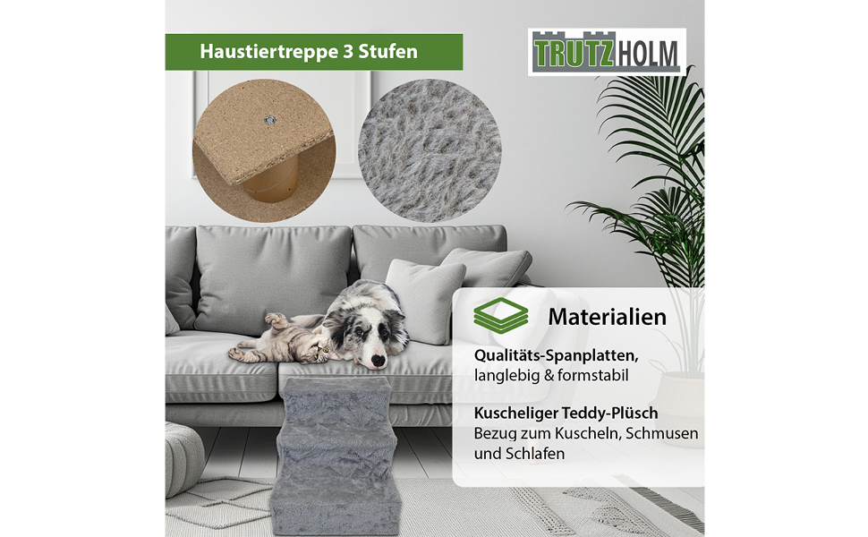 Сходинки для собак TRUTZHOLM - 3 сходинки, пандус для ліжка та дивану, знімний, пральний плюшевий чохол антрацитового кольору, міцні, для собак та котів, для захисту суглобів