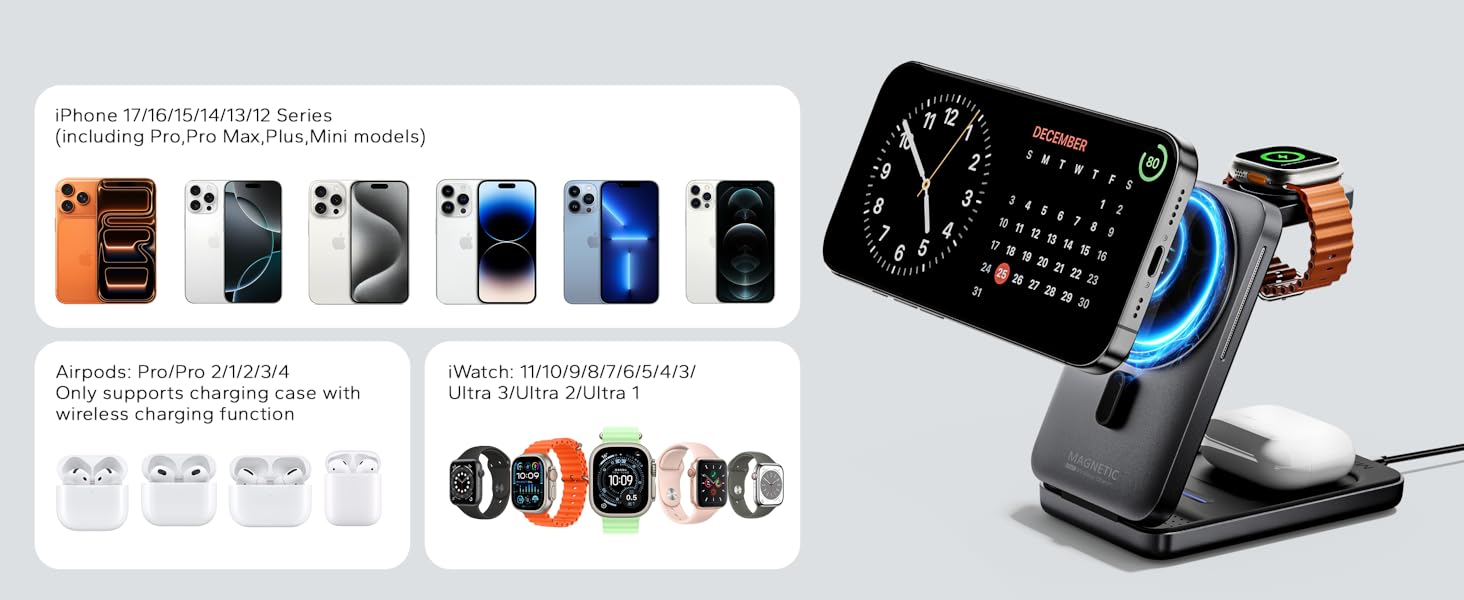 KPON Станція зарядки MagSafe для Apple Watch та iPhone, 3 в 1. Швидка зарядка для iPhone 12-17, Apple Watch 11-2, AirPods. Підходить для подорожей та офісу. В комплекті адаптер 20W.