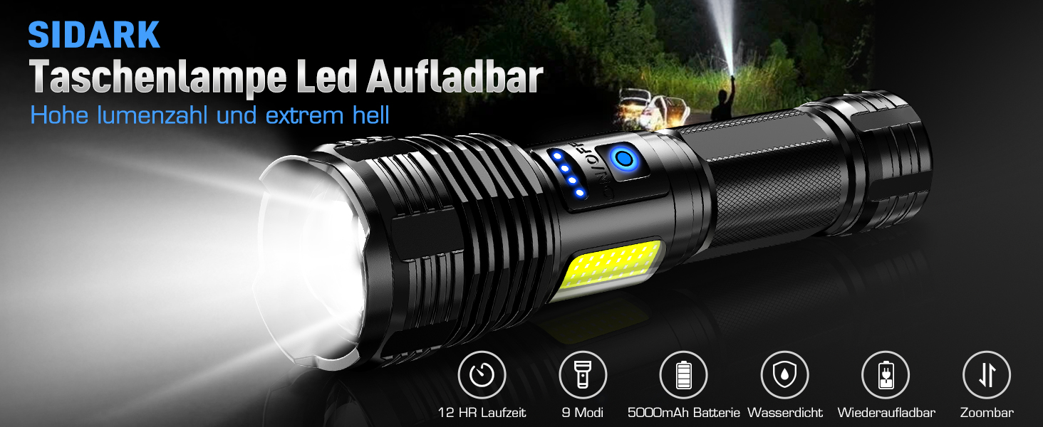 LED ліхтарик Sidark, 500000 люмен, водонепроникний IPX7, 9 режимів, Zoom, бічне світло, для кемпінгу та надзвичайних ситуацій