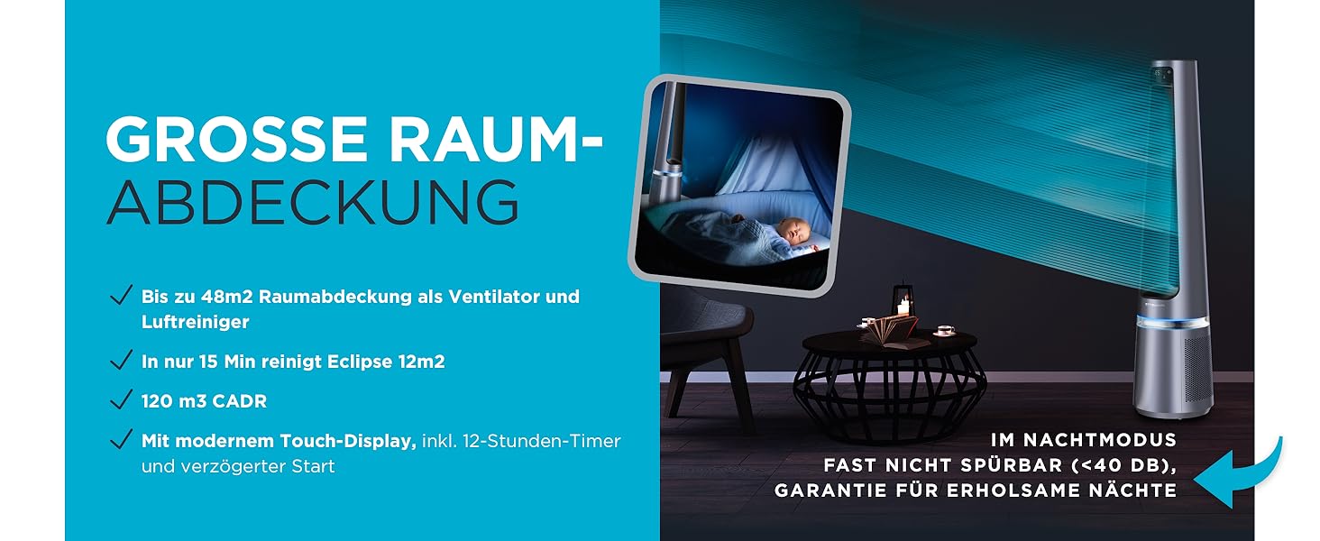 Вентилятор-повітроочисник Rowenta Eclipse QU5030 2-в-1 | Повітряний фільтр, 12 швидкостей, таймер, пульт керування, антрацит