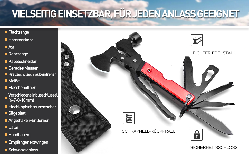 Мультитул BIIB 12 в 1: Подарунок для чоловіків на Різдво, День народження, кемпінг. Преміум якість, чорний (червоний)