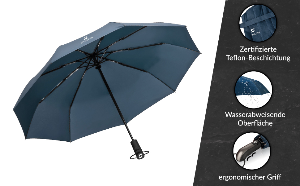STYNGARD Тристонний парасолька, стійкий до вітру до 140 км/год, з автоматичним відкриванням, тефлонове покриття, довга ручка, модель TRONDHEIM, блакитний