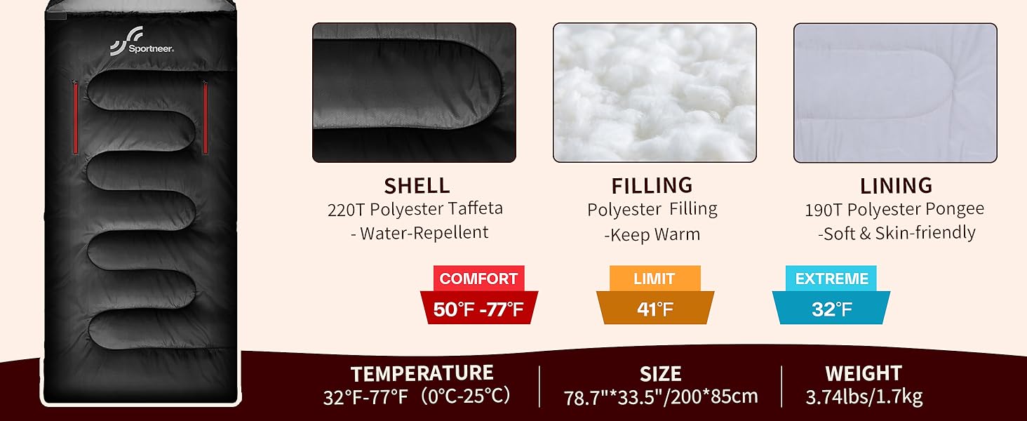 Сплячий мішок Sportneer Outdoor - ковдровий спальний мішок 3-4 сезони для дорослих, теплий, для кемпінгу, подорожей та активного відпочинку, 200x85 см, чорний