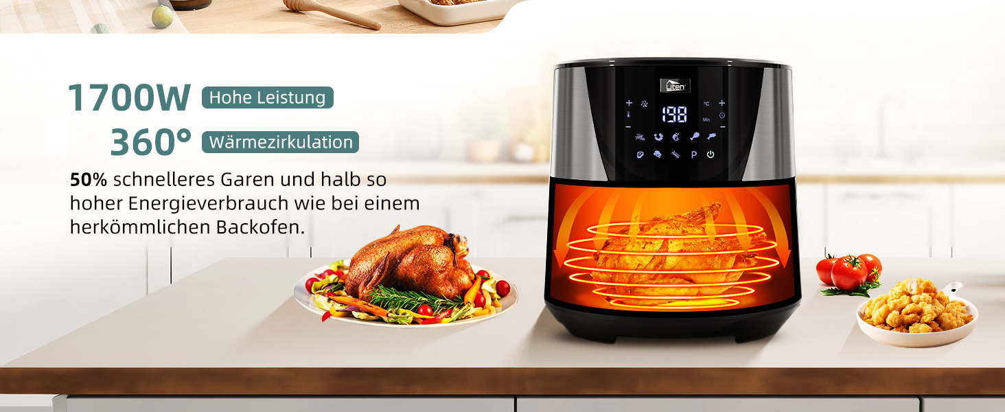 Електрична фритюрниця Uten 5.5L XXL з гарячим повітрям, 1700W, таймер, антипригарне покриття, для 2-8 осіб, чорна