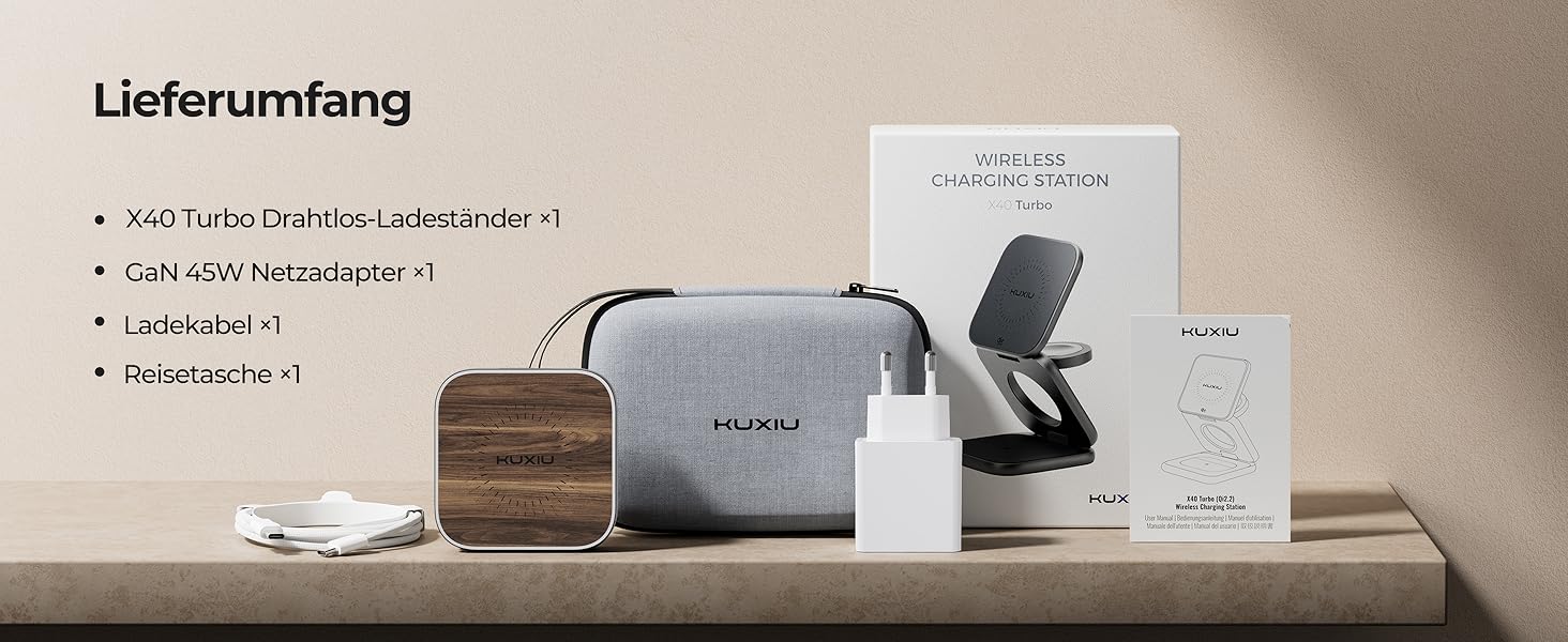 Бездротова зарядна станція KU XIU X40 Turbo Qi2.2 25W 3-в-1 для iPhone 17/16/15/14/13/12, Apple Watch, AirPods. Алюмінієвий адаптер GaN 45W, дерев'яна текстура