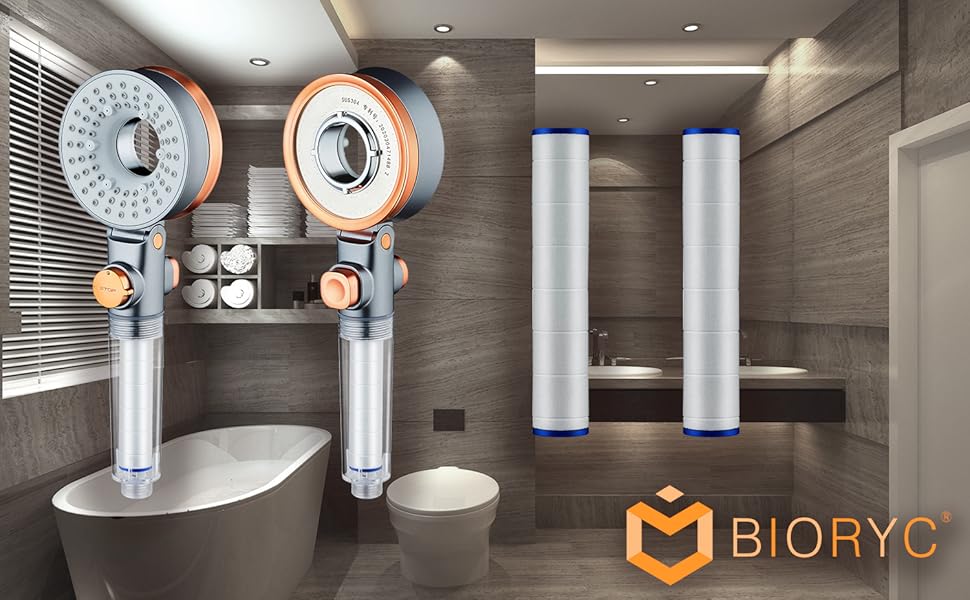 Душова лійка BIORYC з фільтром, високий тиск, водоочищувач і антикальційний фільтр, для тіла та волосся, комплект: 1 лійка + 2 фільтри