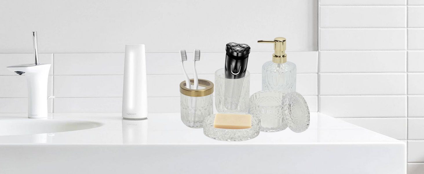 Набір аксесуарів для ванної кімнати Qivine 5 шт., блакитний: стакан для зубної пасти, дозатор мила, контейнер для ватних паличок. Сучасний набір скляних аксесуарів для ванної кімнати