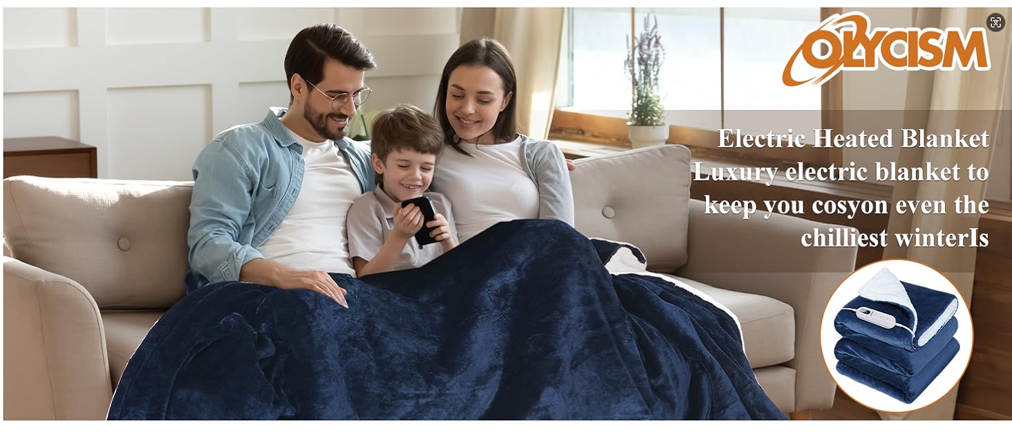 Електрична ковдра Olycism з автовимкненням 160x130 см, 10 режимів нагріву, таймер, захист від перегріву, блакитна